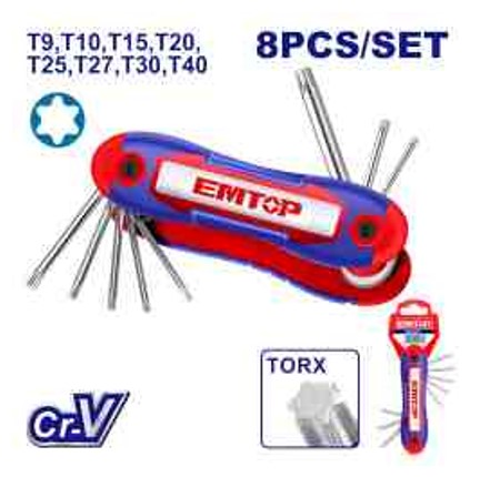 Torx Key 8pcs Pocket Set, T9-T40, Cr-V, Heat Treated Chrome Plate, Plastic Hanger Packed